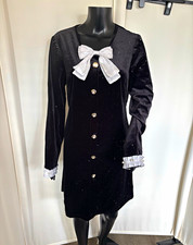 SHEIN Shift Mini Dress Black Velvet White Bow Pearl Button Front Lined M