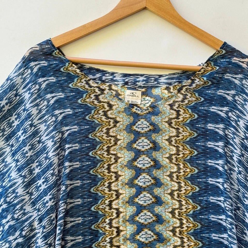NEW O'Neill Womens Medium Blue Patterned Swim Cover Up Boho Sheer Kaftan Dress - Image 3 of 4