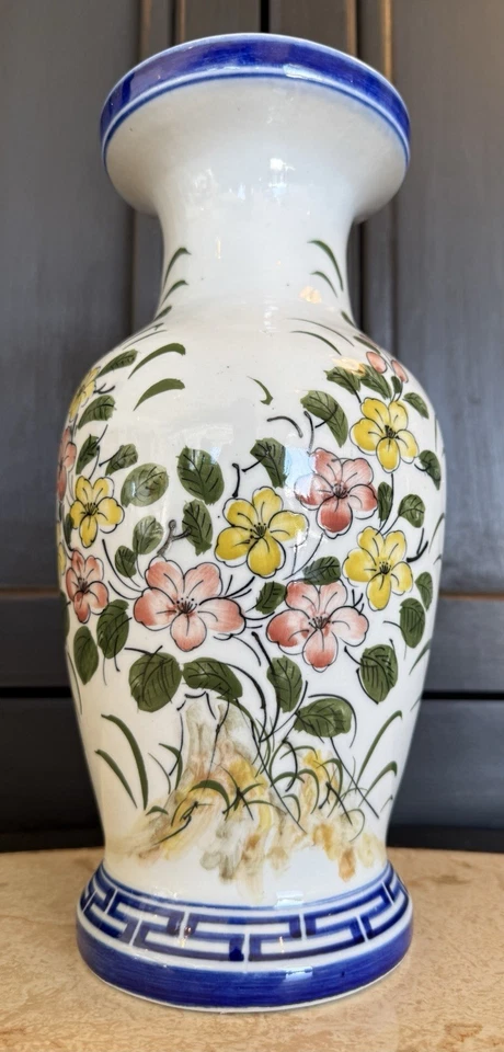 Jarrón de cerámica vintage estilo chinoiserie floral pintado a mano Foto 4 de 4