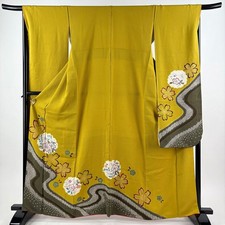 JAPANESE KIMONO FURISODE MUSTARD COLOR 162.5cm 5 ft 4 in PURE SILK FF9022