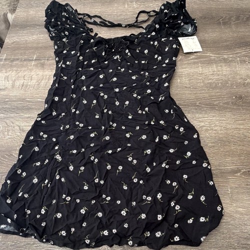 Hollister Black & White Floral Mini Slip Dress Square Neck Sleeveless Women L