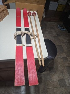 F. D. Peters - Child's Skis + Poles - Gloversville, NY Juvenile Ski Line