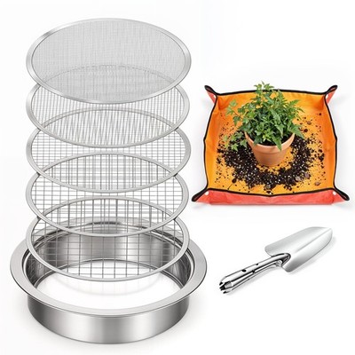 8 PCS Soil Sifter Set for Garden, Stainless Steel Soils Sieve Set, Compost Si...