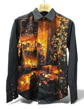 Robert Graham Size M Fireplace Drinks Christmas Shirt Black  Burgundy NWT 278