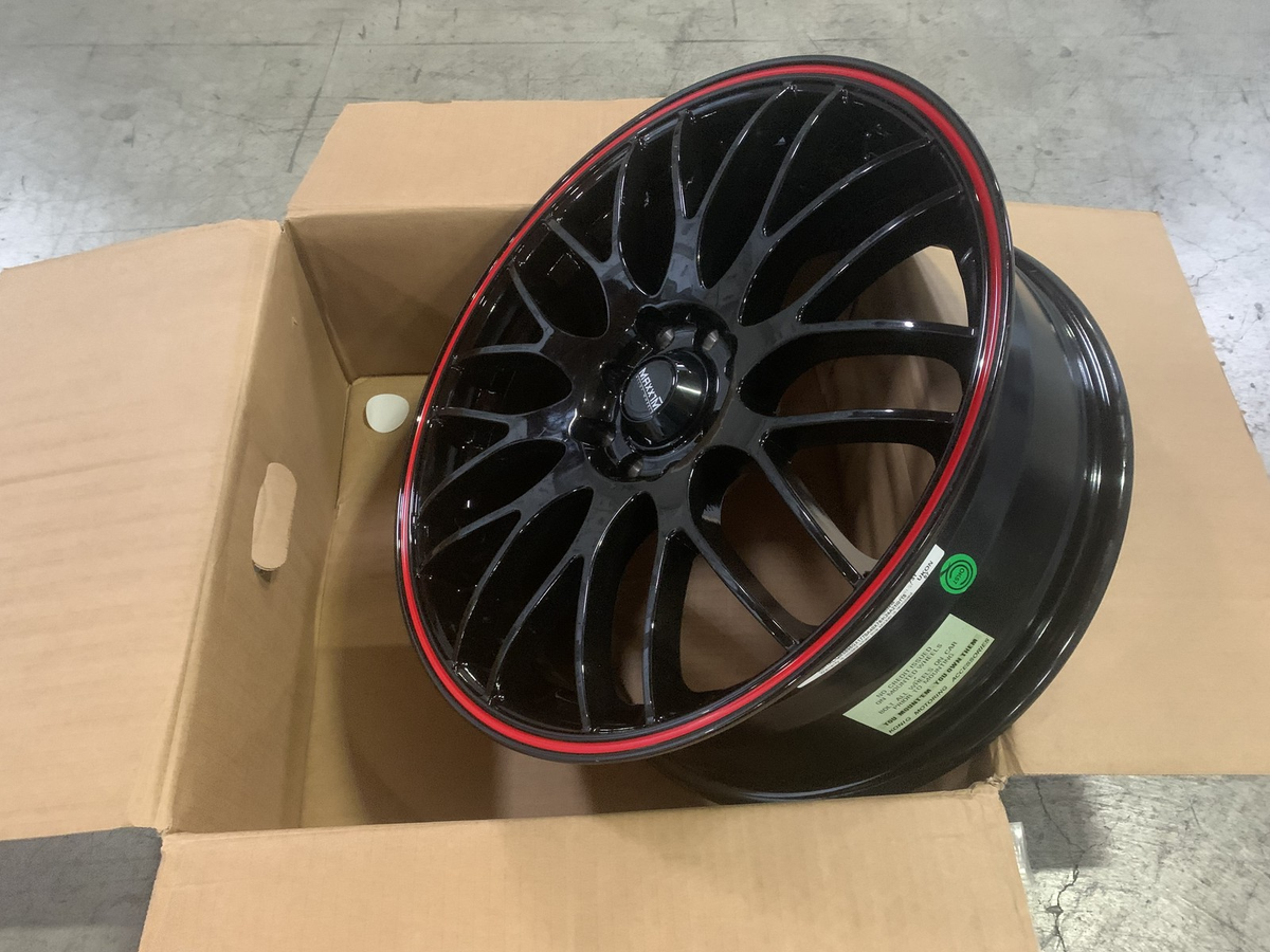 One 17x7 +40 Maxxim Maze 4x100/114.3 Gloss Black / Red Strip Wheel