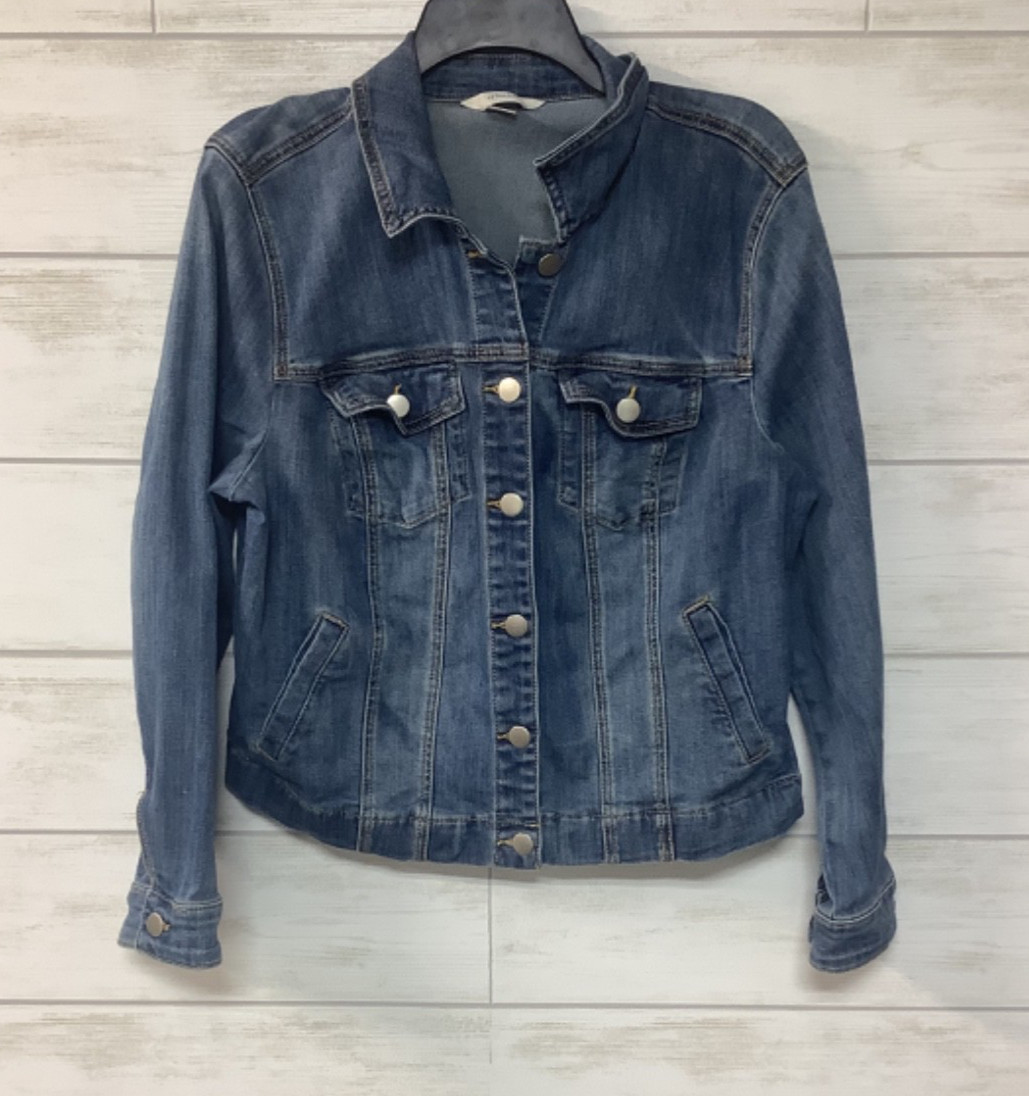 CJ Banks Stretch Denim Jean Jacket Womens Size XL Blue Pockets Pleated Back