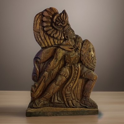 Hand Carved Signed wooden figurine of Maya hero Tecun Uman by F. Securel . 17x12