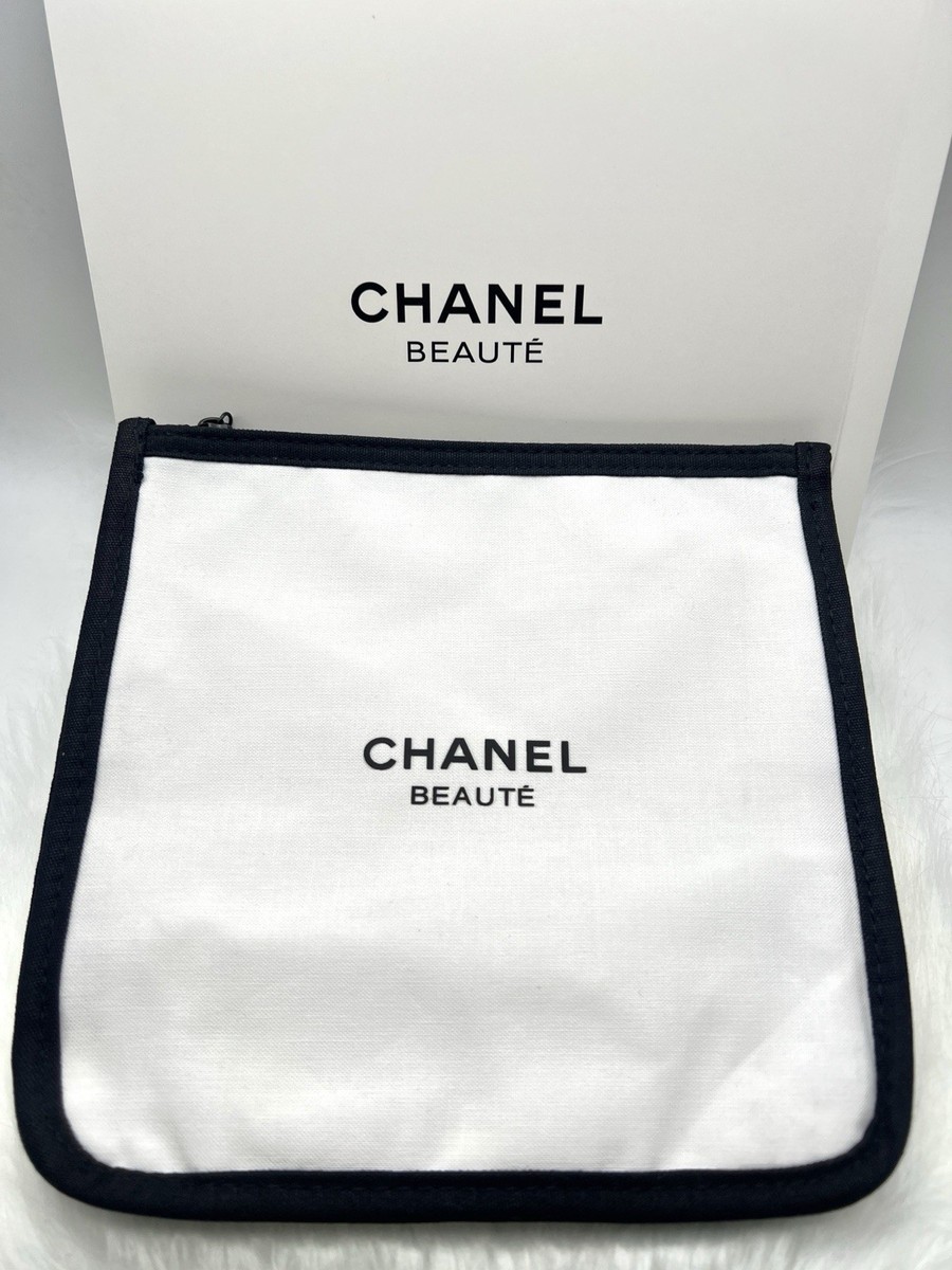 Chanel Beaute White Canvas Cosmetic Bag Black Trim Zip Pouch BNIB