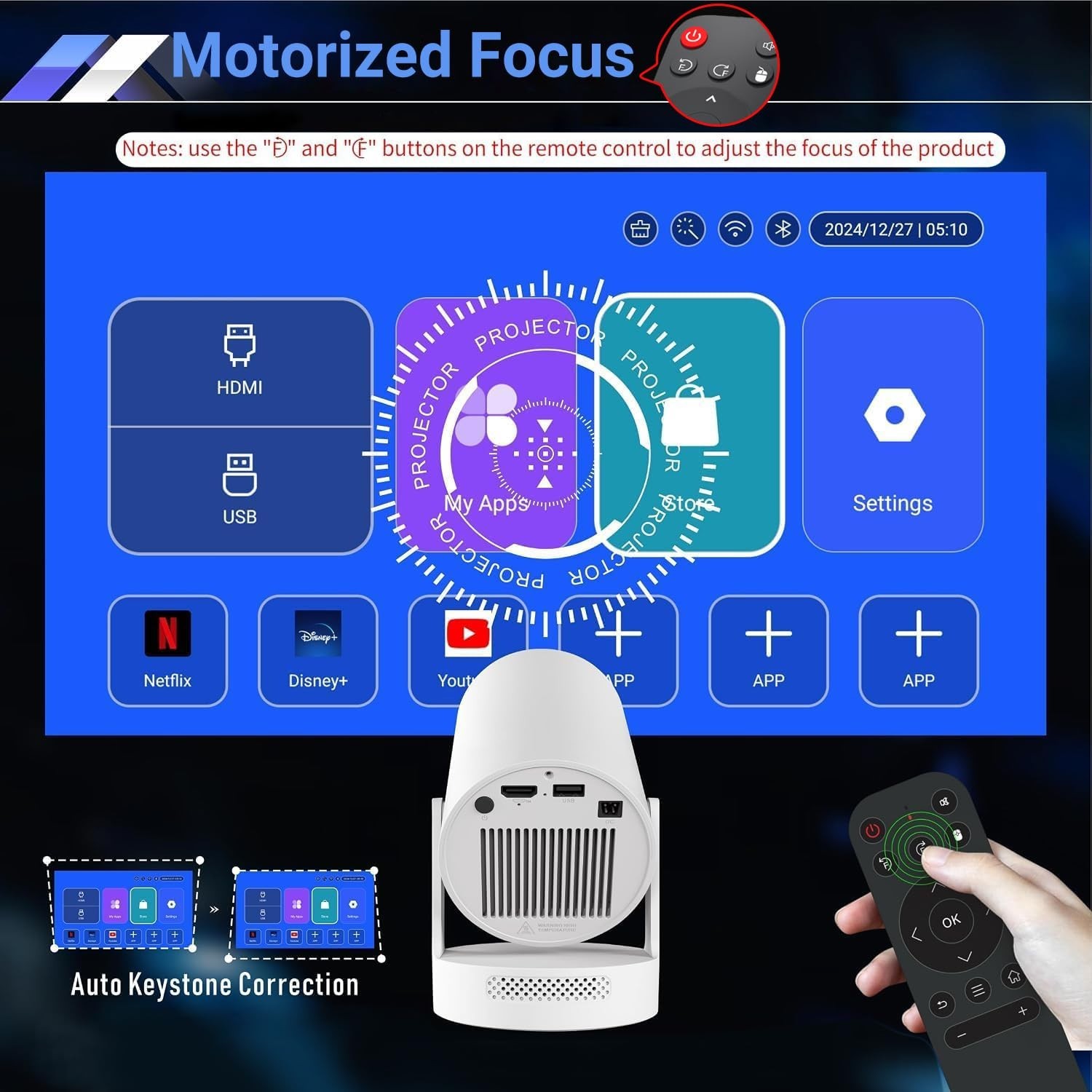 4K Mini Projector, Motorized Focus, Bluetooth 5.4, WiFi 6, Portable ...