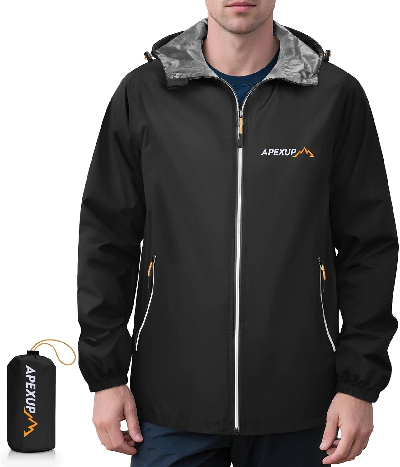 APEXUP Packable Rain Jacket Men with Reflective Zipper, 3X-Large, Black