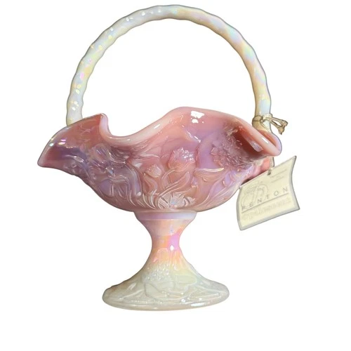 Fenton Pink Opalescent Rosalene Glass Basket Ruffled Edge Twisted Handle Floral