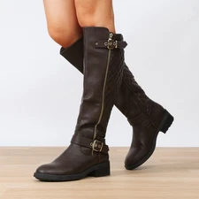 Women Motorcycle Riding Boots Low Block Heel Side Zipper Knee High Boots