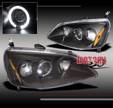 01 02 03 Honda Civic Halo Projector Headlights Black Angel Eye Coupe Sedan 24dr