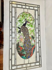 STAINED GLASS WINDOW ANTIQUE PEACOCK 45.25 x 22.25 in