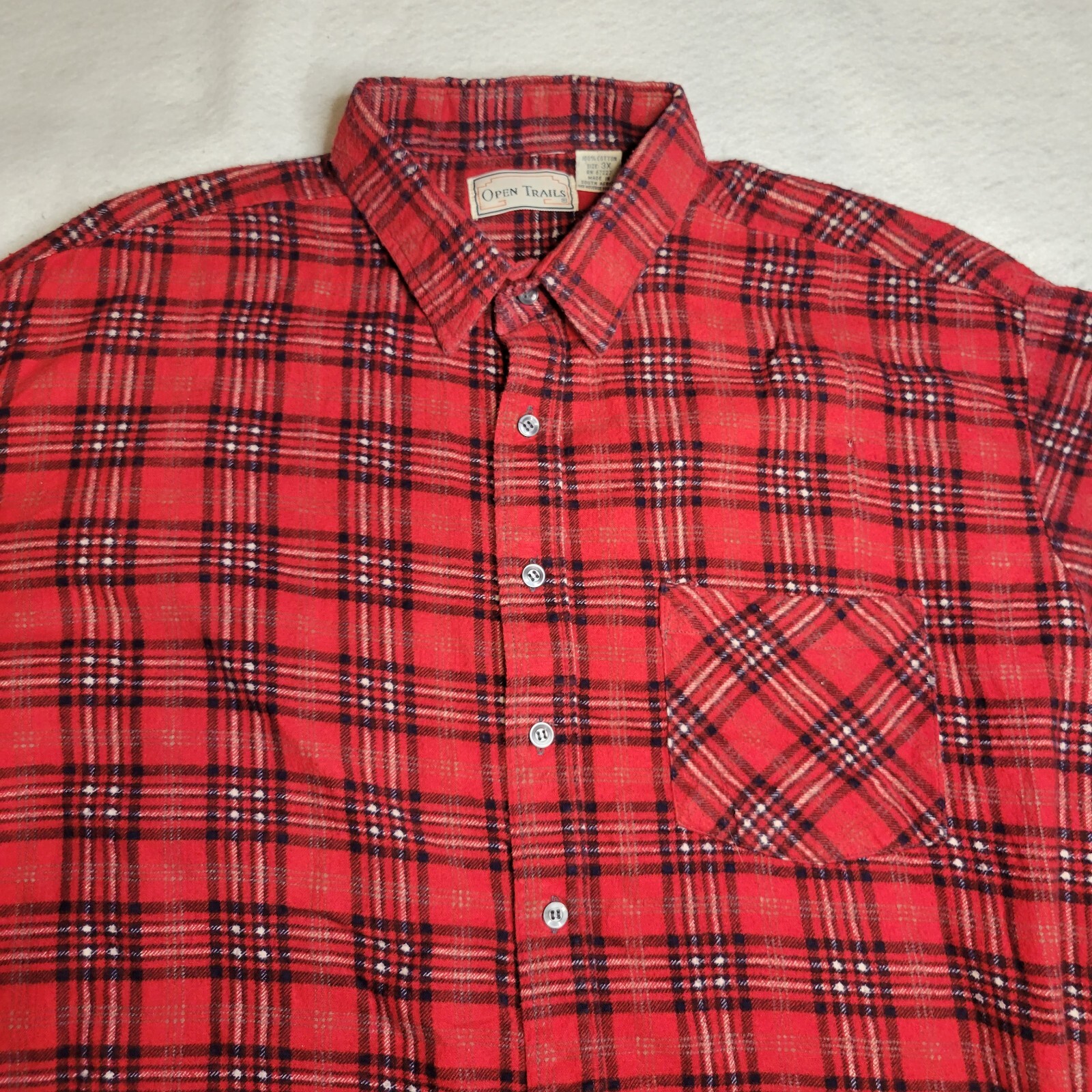 VTG Open Trails Mens Flannel Shirt Sz 3X Red Checked ButtonDown Long