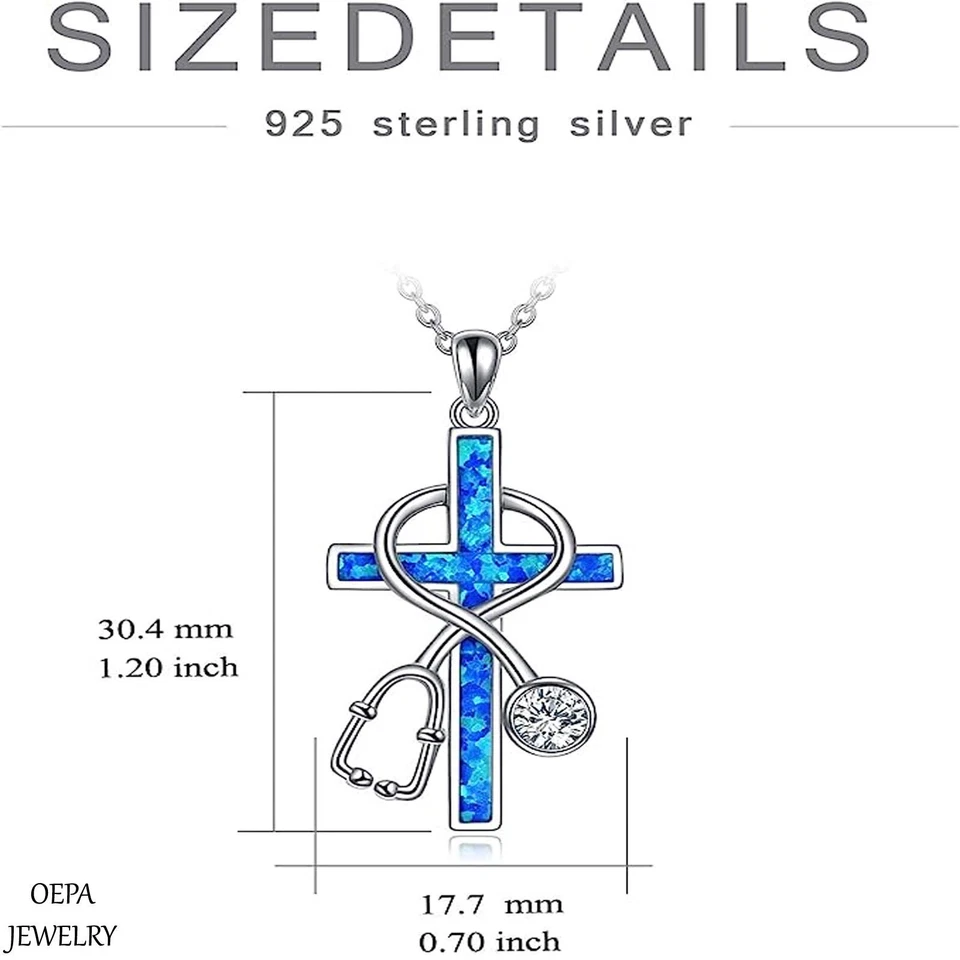 Collar estetoscopio de plata esterlina para collar de cruz de enfermera collar de cruz de ópalo Foto 3 de 4