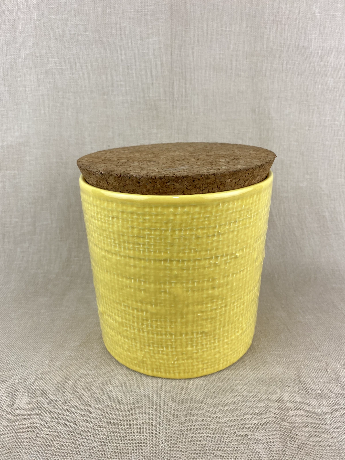 Sur La Table Ceramic Canister Yellow Basketweave Pattern with Cork Lid