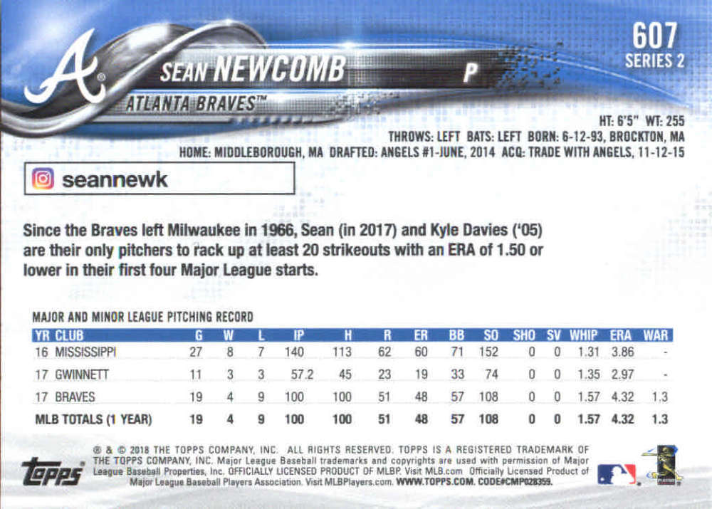 2018 Topps 607 Sean NMMT Braves Future Star ID59095 eBay