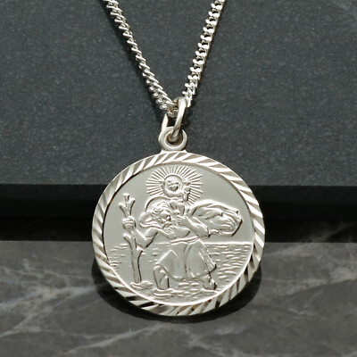 9ct White Gold 19mm St Christopher Pendant With Optional Back Engraving  Chain UK