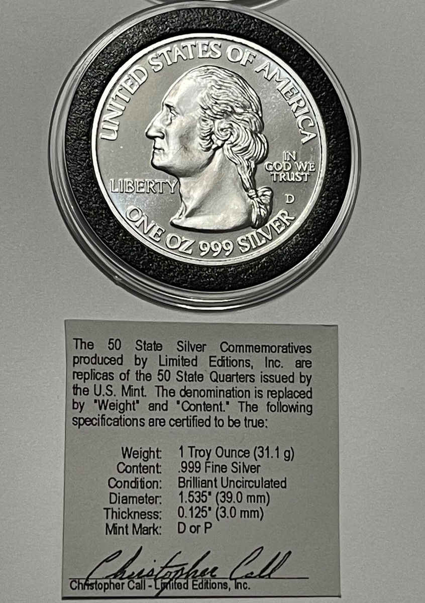1999 New Jersey 50 State Commemorative Coin 1 Troy Oz .999 Fine