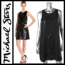 $189 MICHAEL STARS Black Silk Sequin Embellish Shift Cocktail Dress LBD~L M3020