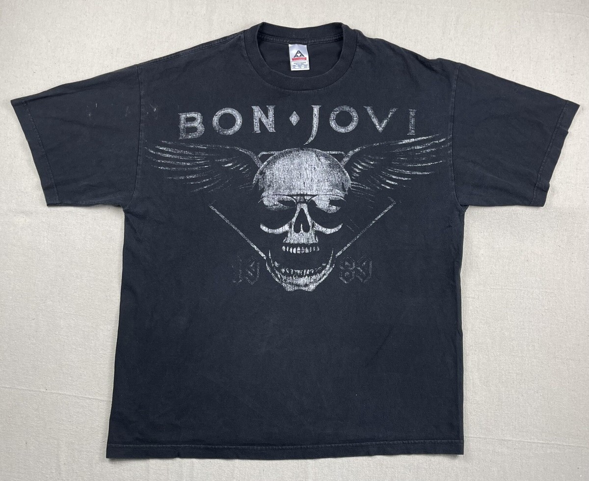 Vintage Bon Jovi T Shirt XL Skull Wings All Over Print Black Rock