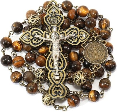 Tiger Eye Stone Beaded Rosary Antique Brass Five Decade Chaplets Cross Necklace