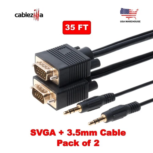 2-Pack - 35FT SVGA M/M Cable + 3.5mm Aux Audio Jack for Monitor PC Projector TV