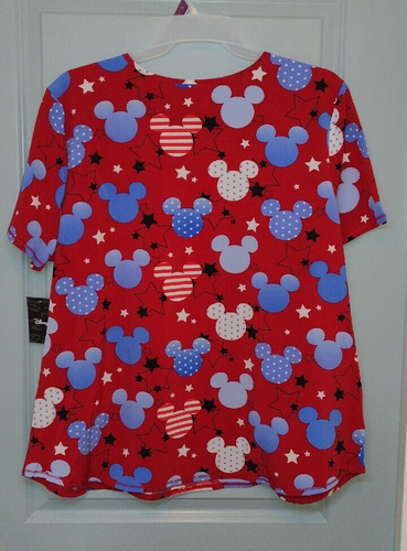 Disney Mickey Mouse 4th of July V Neck Medical Scrub Top Women's Red Stars 2XL - Picture 11 of 13