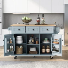 Kitchen Island w Rubber Wood Top, Storage Racks, Cabinet & 3 Drawers, Grey Blue