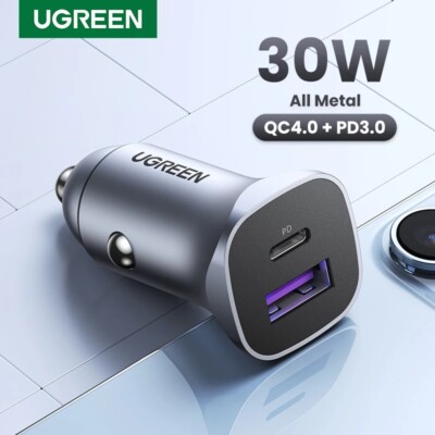 UGREEN 30W Dual Port PD + QC Fast Charging Car Charger for Cell Mobile Phone