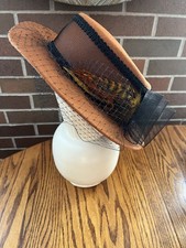 Vtg Womens 100% 4384 Wool Hat-Orange-Brimmed W/Bow, Veil &Feathers Made In USA