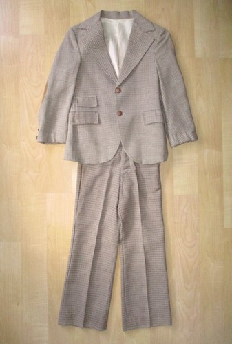 Vtg 60s 70s Brown Blue Houndstooth Check 2-Pc Flare Pants Blazer Suit Boys 7-8