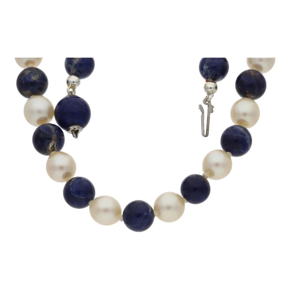 Halskette 925/000 Sterling Silber mit Lapislazuli und Akoya Zuchtperlen, getrage - Bild 3 von 4