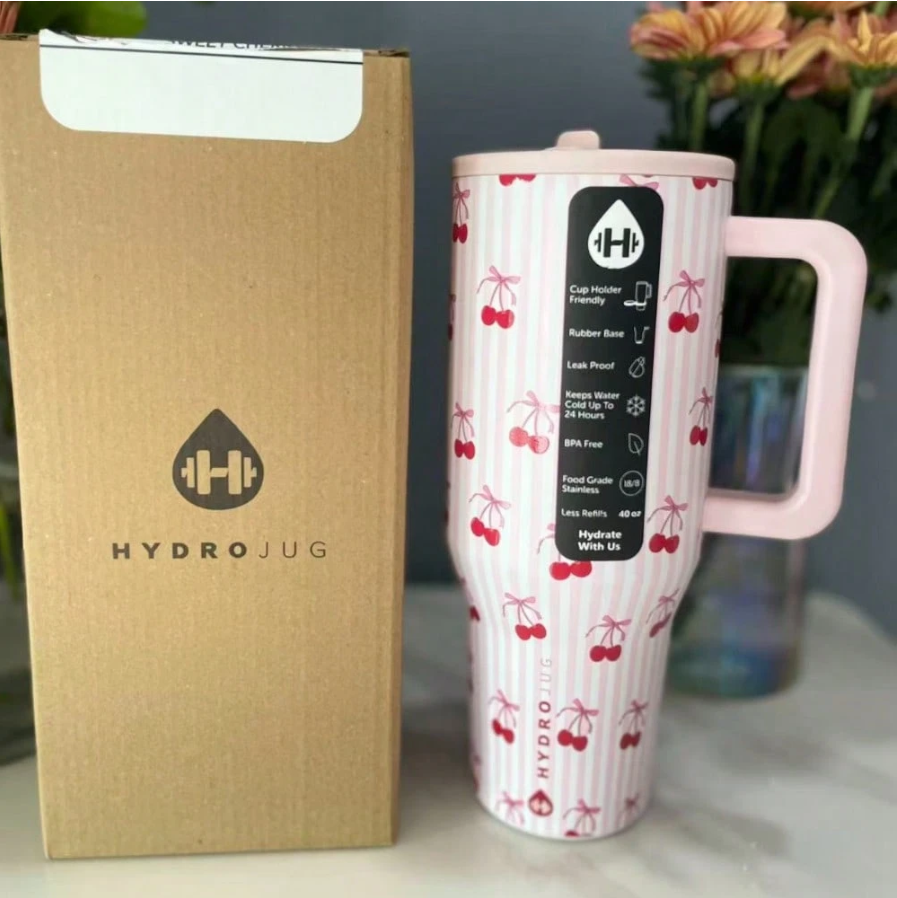 HydroJug 40oz Cherry Print Tumbler – Cup Holder Friendly – New