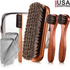 Shoe Shine Brush Set Horsehair Long Handle Detailing Brushes Microfiber Cloth US