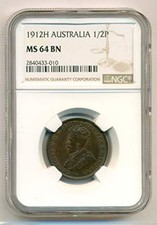 Australia George V 1912 H 1/2 Penny MS64 BN NGC