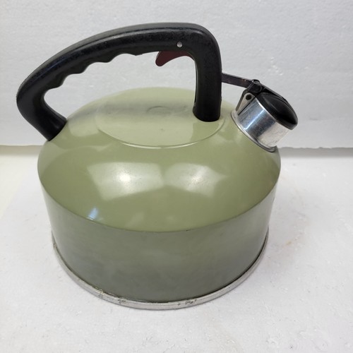 Vintage Whistling Aluminum Tea Kettle - Tea Pot 2.5 Qt. Green MCM Retro