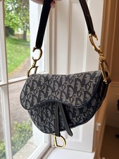 Vintage Dior Saddle Bag In Grey And Blue Monogram Canvas With Yellow Trim