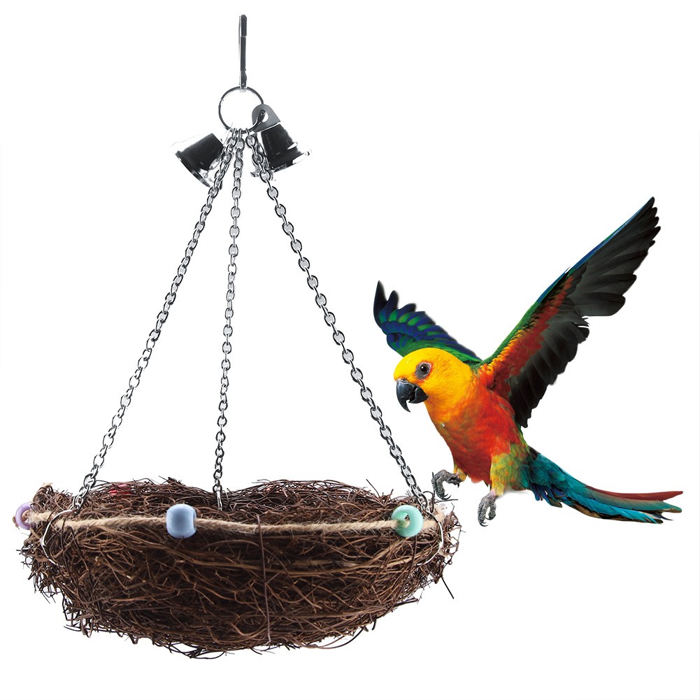 Rattan Birds Straw Swing Hanging Toy With Bells Toys (27 X 12cm).
