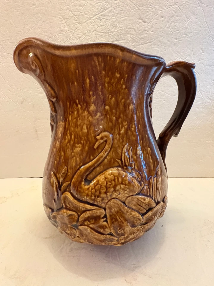 Bennington Rockingham Yellow Wear Ale Pitcher Swan 9" TALL,, Brown Glaze - Image 3 of 4