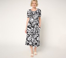 Denim & Co. Petite Favorite Jersey Short Sleeve Midi Dress Black Floral L New