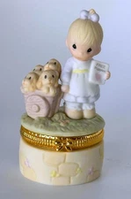 Precious God Loveth A Cheerful Giver Girl With Cart Full Of Puppies Trinket Box