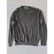 Polo Ralph Lauren Mens Navy Blue Cotton V-Neck Sweater Red Pony Logo Large