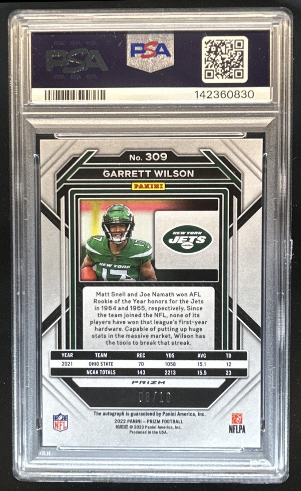 2022 Panini Prizm Garrett Wilson Rookie Auto RC No Huddle Gold #/10 Jets PSA 9 view 2