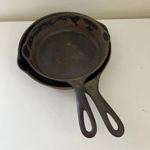 (2) Vintage Wagner Ware Sidney O Cast Iron Skillet #5 & #6 Frying Pan 1055 1056