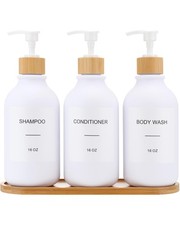 16oz 3-Chamber Shower Dispenser with Bamboo Pumps, Refillable for Shampoo/Con...
