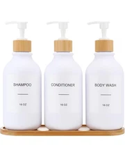 16oz 3-Chamber Shower Dispenser with Bamboo Pumps, Refillable for Shampoo/Con...