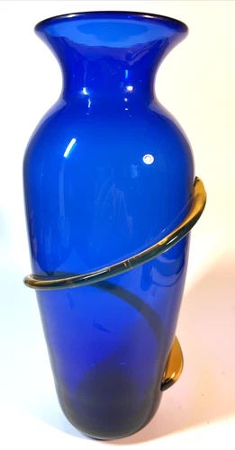 12" Cobalt Blue Glass Vase w/ Amber Swirl  Signed by Richard Blenko, 2000