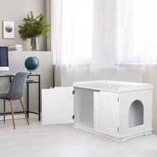 White Cat Washroom Storage Bench Litter Box Cover with Sturdy Wooden Structure